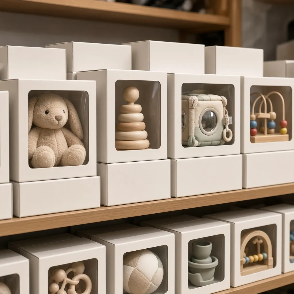 Prateleira com brinquedos de bebê em caixas. Imagem ilustrativa
