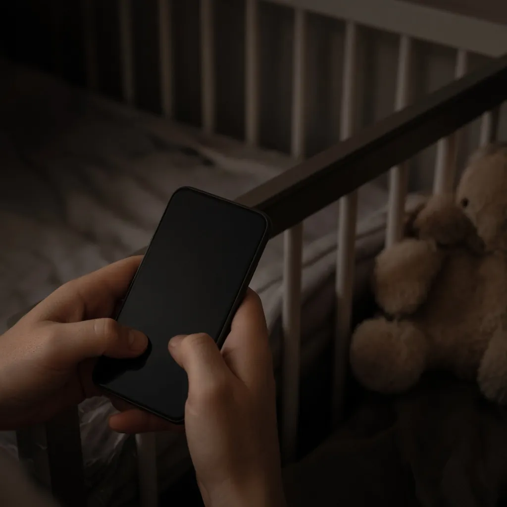 Mãos segurando o celular à noite ao lado do berço com um ursinho. Imagem ilustrativa
