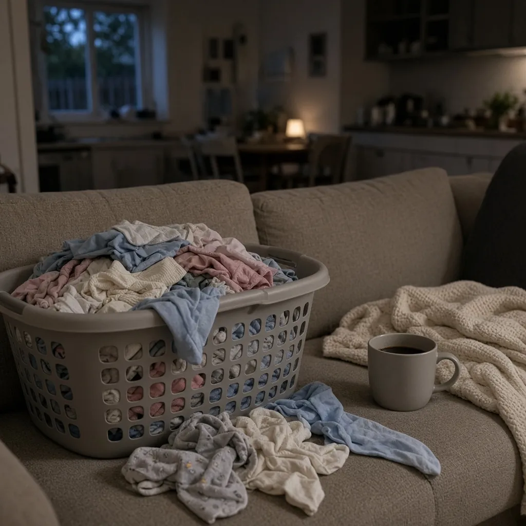 Cesto de roupas de bebê e caneca no sofá, à noite. Imagem ilustrativa