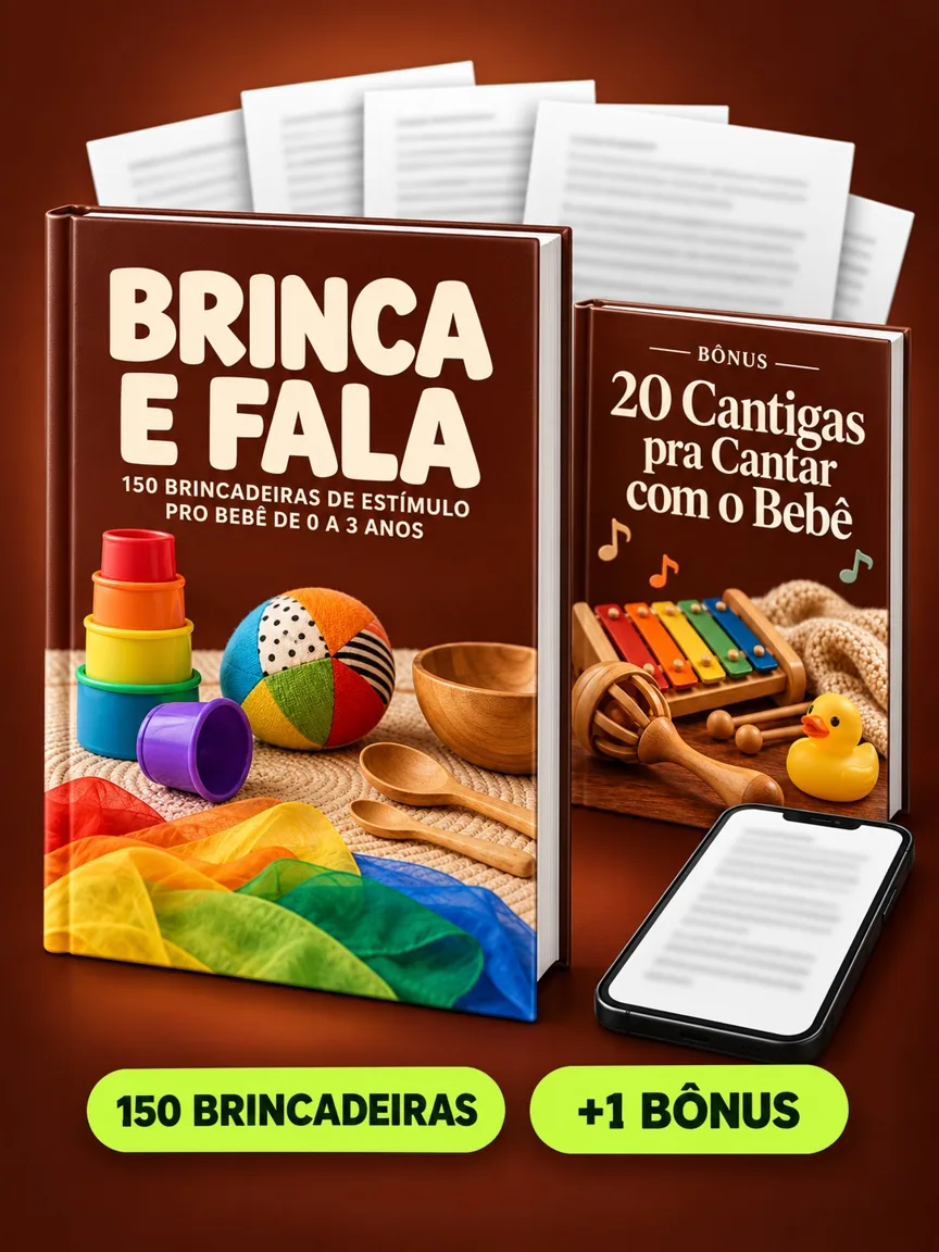 Montagem ilustrativa do Brinca e Fala: livro com a capa, páginas do material e celular e capas dos bônus
