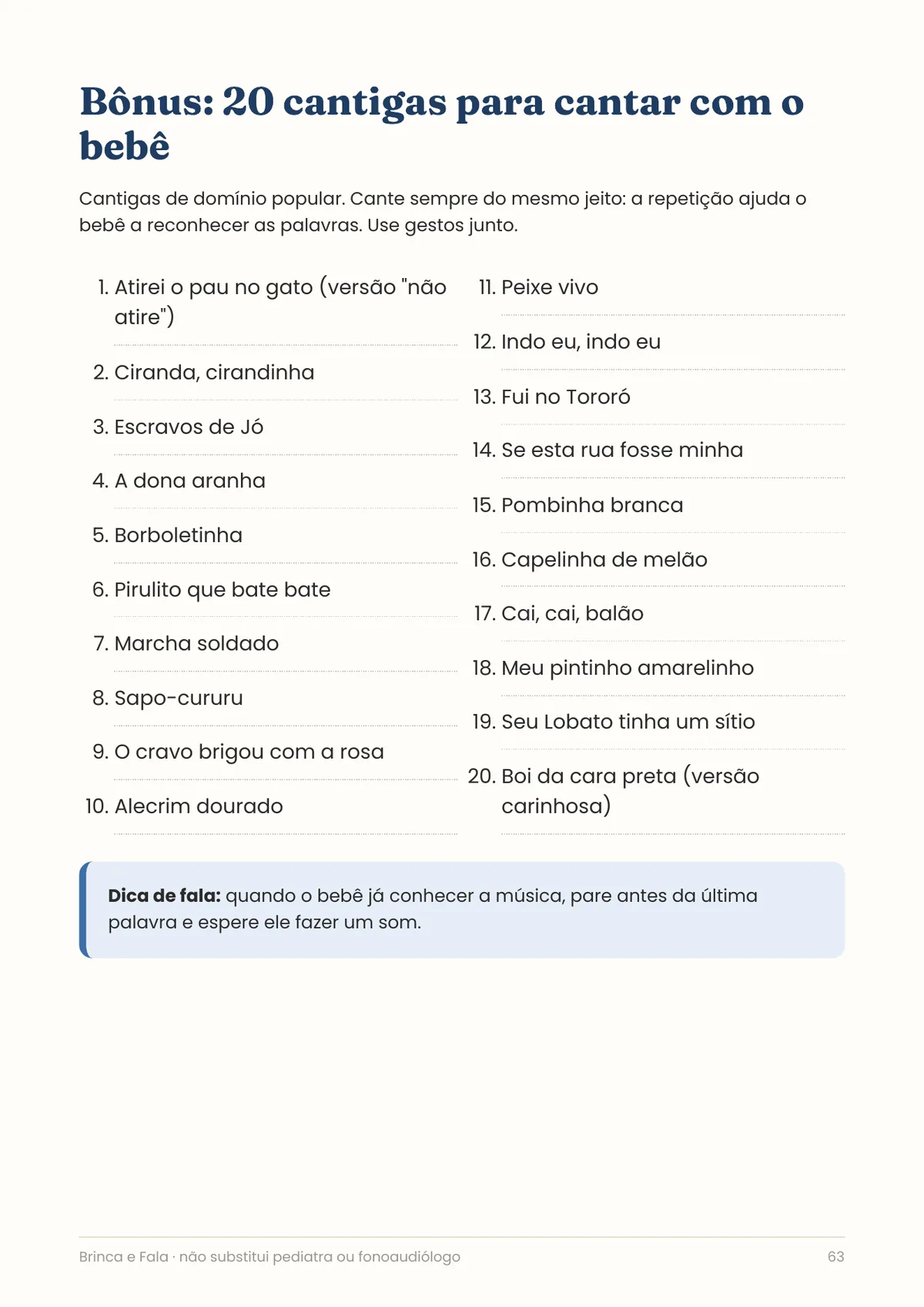 Página real do PDF Brinca e Fala: bônus de cantigas