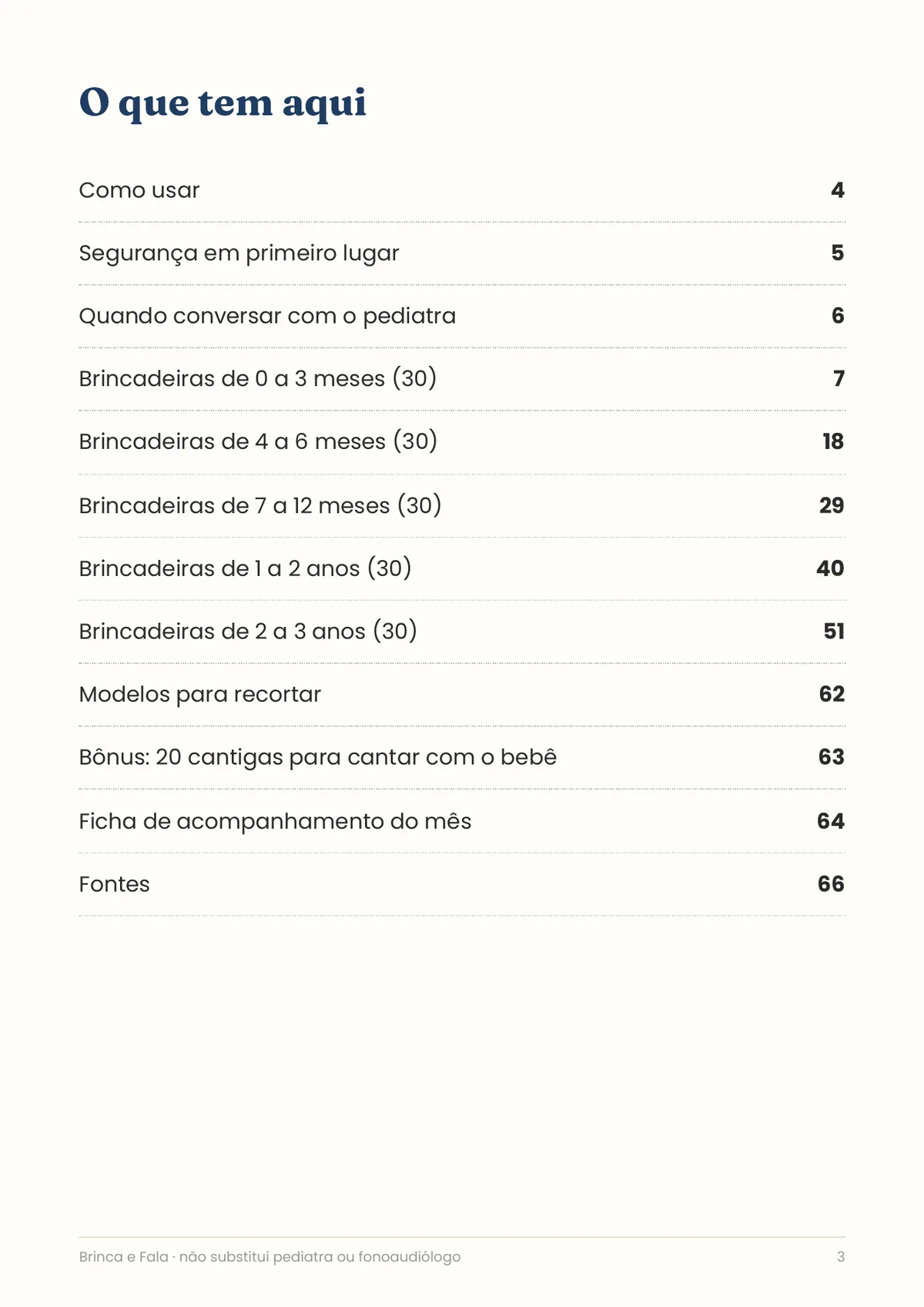 Página real do PDF Brinca e Fala: sumário por idade