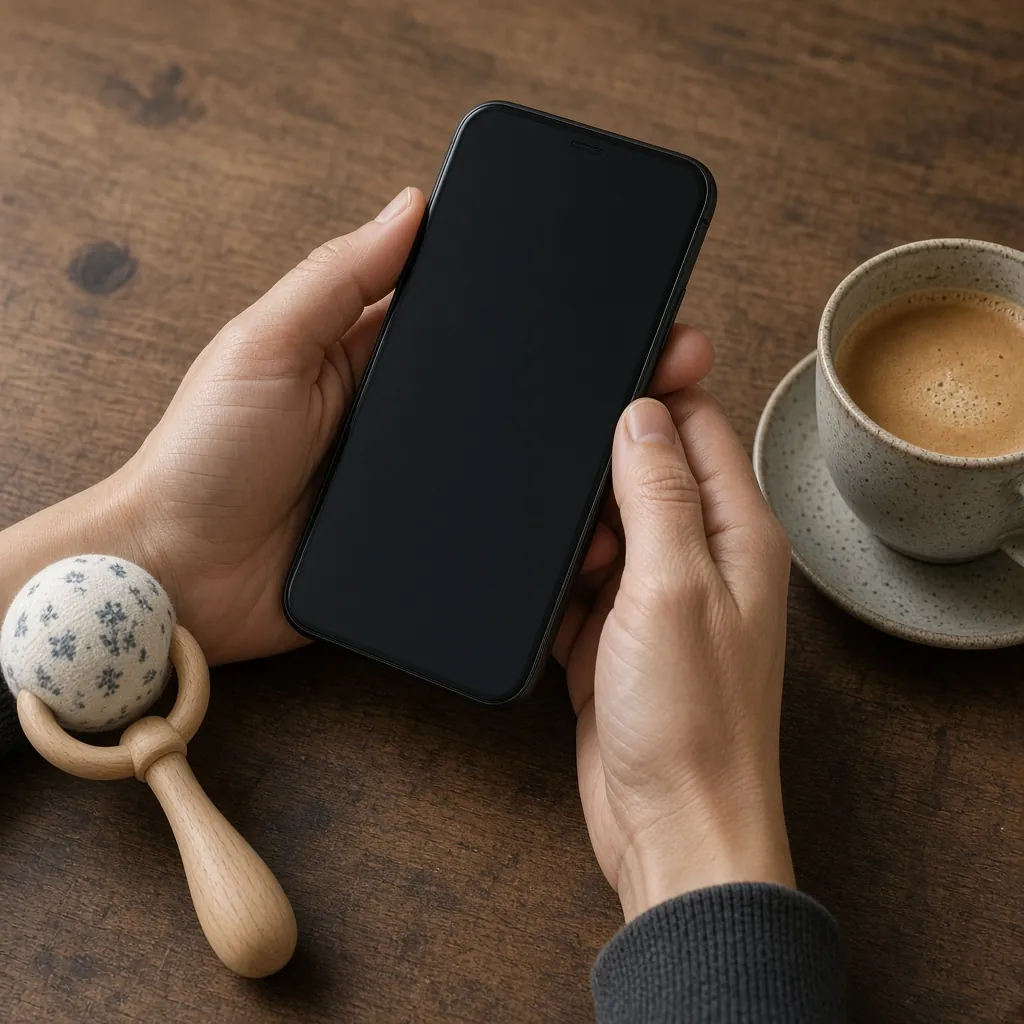 Mãos segurando um celular, com um chocalho e um café sobre a mesa. Imagem ilustrativa